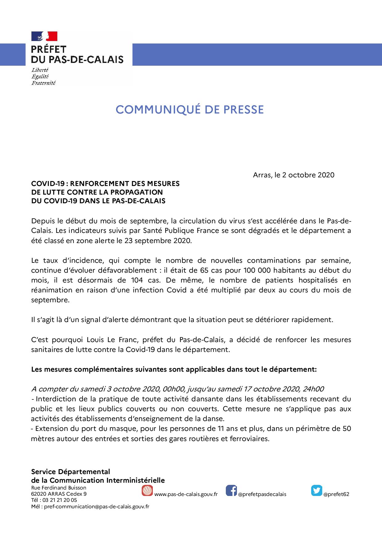 2020 10 02 Renforcement des mesures sanitaires dans le Pas de Calais page 001